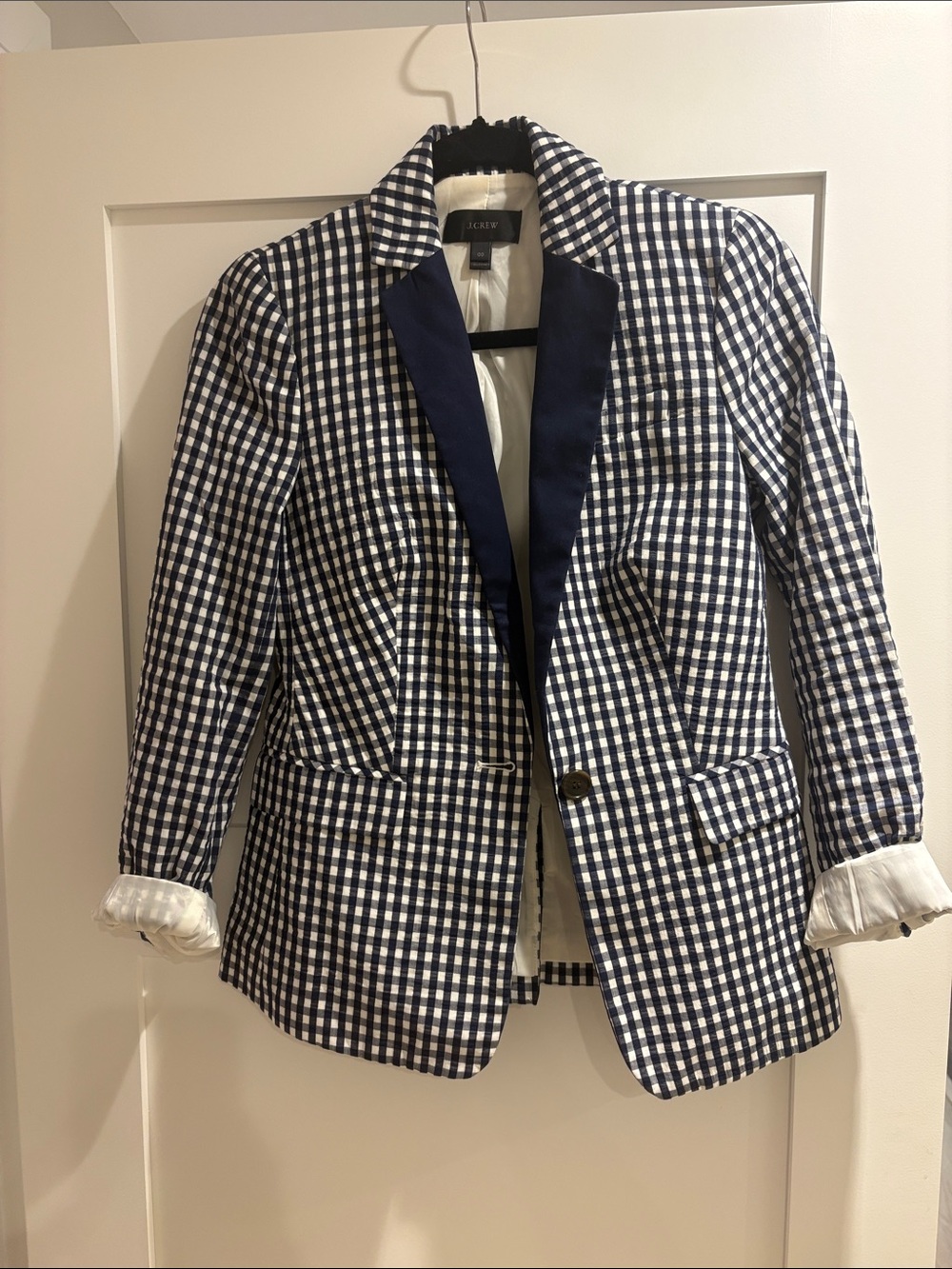J. Crew Navy & White Gingham Blazer with Contrast Lapel